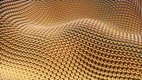 Abstract 3d animation of rows of sparkling glass balls and golden rows. 4k Stock Footage 168581398