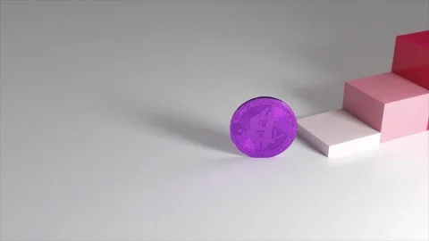 Abstract 3d animation showing a purple bitcoin rolling down a minimalistic Stock Footage 334043076