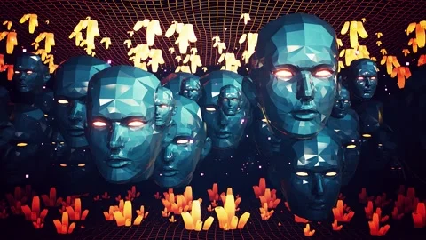 Abstract 3d animation vj loop, polygonal human faces in tech neon glowing cave, Vídeo Stock 160204544
