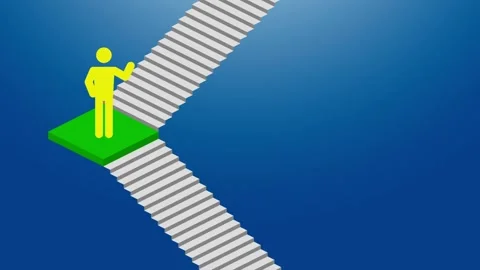 Abstract 3D Animation of Yellow Stick Figure at Diverging Staircase Crossroads Stock Footage 332813203
