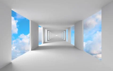 Abstract 3d architecture, empty white corridor with sky Ilustración de archivo