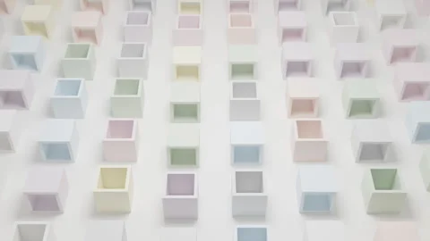 Abstract 3D Arrangement of Multicolored Pastel Hollow Cubes Floating Stock Footage 337303051
