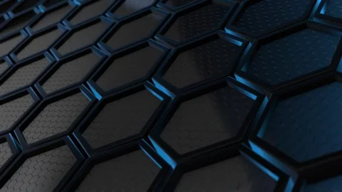Abstract 3D background with black hexagons , realistic reflections and blue glow Stock Footage 256885708