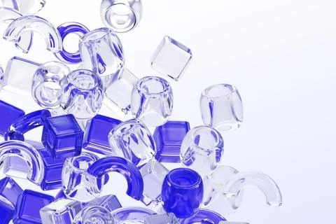 Abstract 3d background with falling glass geometric shapes - cube block, half Illustrazione stock