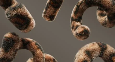 Abstract 3d background with flying fluffy geometric shapes of leopard skin Illustrazione stock