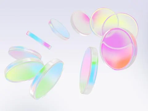 Abstract 3d background, glass circle disks with iridescent holographic gradient 스톡 일러스트