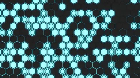 Abstract 3d background made of black hexagons on blue glowing background Stock Illustration