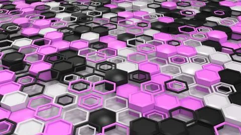 Abstract 3d background made of black, white and purple hexagons on white back Stock Illustration