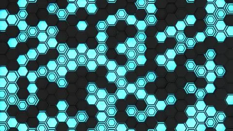 Abstract 3d background made of black hexagons on blue glowing background Stock Illustration