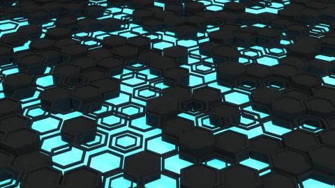 Abstract 3d background made of black hexagons on blue glowing background Stock Illustration