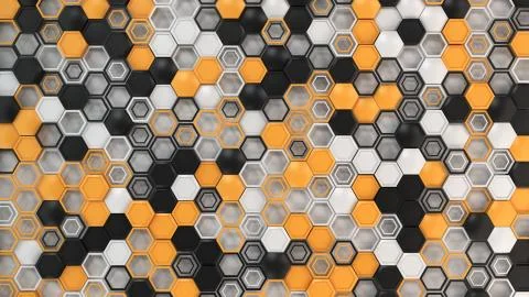 Abstract 3d background made of black, white and orange hexagons on white back Stock Illustration