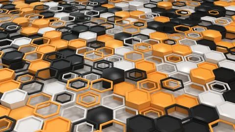 Abstract 3d background made of black, white and orange hexagons on white back Stock Illustration