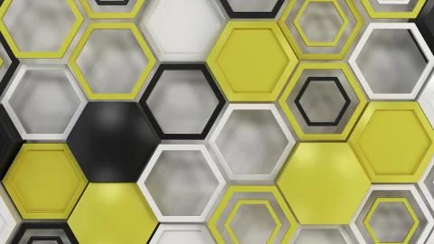 Abstract 3d background made of black, white and yellow hexagons on white back Stock Illustration