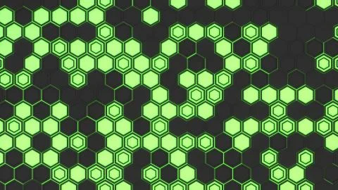 Abstract 3d background made of black hexagons on green glowing background Stock Illustration