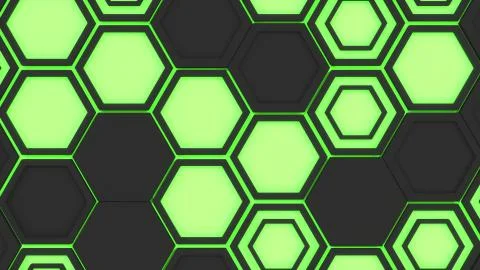 Abstract 3d background made of black hexagons on green glowing background Stock Illustration