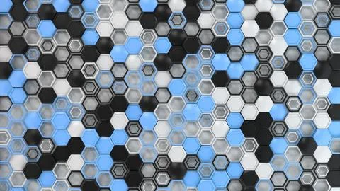 Abstract 3d background made of black, white and blue hexagons on white backgr Stock Illustration