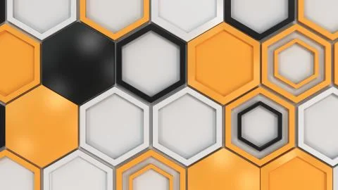 Abstract 3d background made of black, white and orange hexagons on white back Stock Illustration