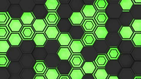 Abstract 3d background made of black hexagons on green glowing background Stock Illustration