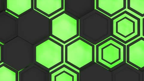 Abstract 3d background made of black hexagons on green glowing background Stock Illustration