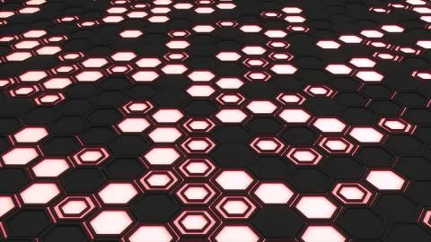 Abstract 3d background made of black hexagons on red glowing background Stock Illustration