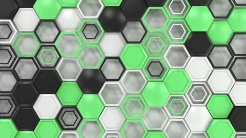 Abstract 3d background made of black, white and green hexagons on white backg Stock Illustration