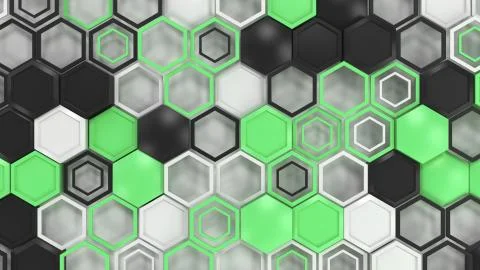 Abstract 3d background made of black, white and green hexagons on white backg Illustrazione stock