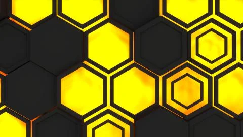 Abstract 3d background made of black hexagons on orange glowing background Stock Illustration