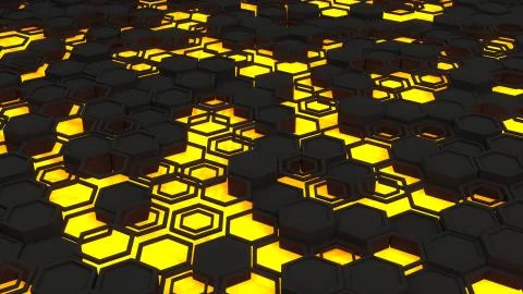 Abstract 3d background made of black hexagons on orange glowing background Illustrazione stock
