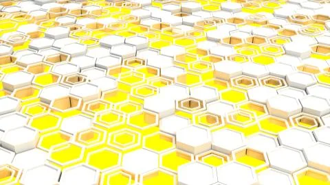 Abstract 3d background made of white hexagons on yellow glowing background Illustrazione stock
