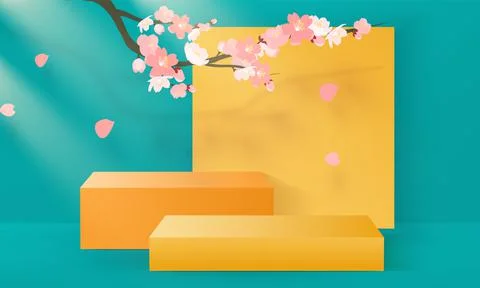 Abstract 3d background. rectangl podium in blue background with sakura branch Stock Illustration
