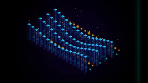 Abstract 3D bar graph wave rotating on dark background with bokeh particle .. 库存影片 344685153