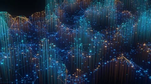 Abstract 3D big data stream with glowing blue and orange vertical lines Vídeos de archivo 332703728
