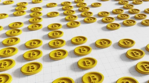 Abstract 3D Bitcoin Coins Rising and Falling on White Grid Background Stock Footage 333601776