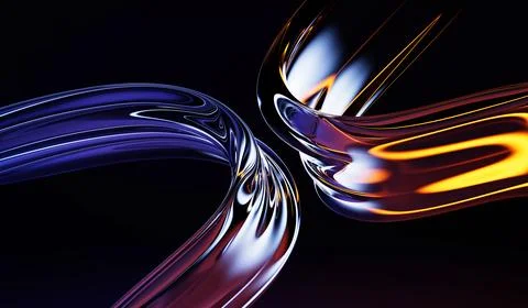 Abstract 3d black background with liquid glass transparent tapes, neon light Stock-Illustration