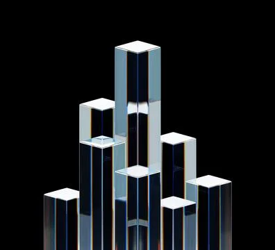 Abstract 3d black background wallpaper with glass transparent pillars and Ilustração Stock