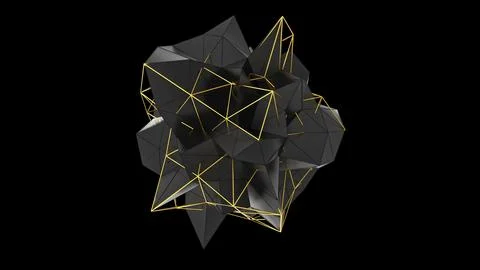 Abstract 3D black figure from triangles and gold mesh. Abstract fractal geome Stock Illustration