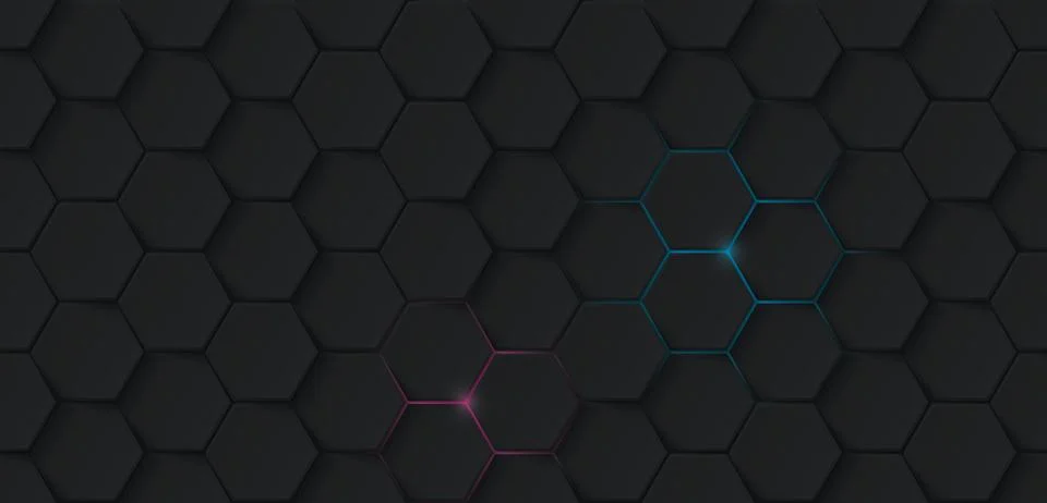 Abstract 3D black hexagonal pattern with a small pink and blue light glowin.. Stock Illustration