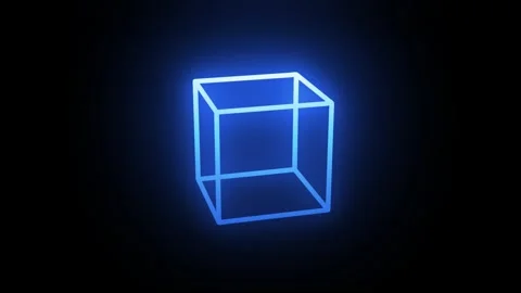 Abstract 3D blue neon wireframe cube rotating on a black background Stock Footage 333097792