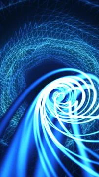 Abstract 3D blue tunnel made of digital wireframe and light swirls, symboli.. Illustrazione stock