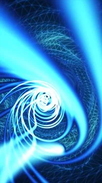Abstract 3D blue tunnel made of digital wireframe and light swirls, symbolizi Illustrazione stock