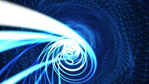 Abstract 3D blue tunnel made of digital wireframe and light swirls 스톡 일러스트
