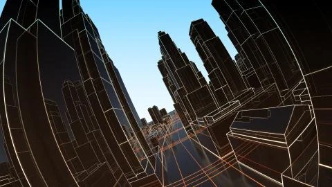 Abstract 3D city with luminous lines and black mirror buildings Ilustración de archivo