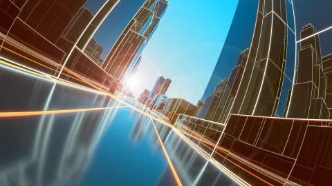 Abstract 3D city with luminous lines and black mirror buildings 库存插图