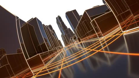 Abstract 3D city with luminous lines and black mirror buildings Ilustración de archivo