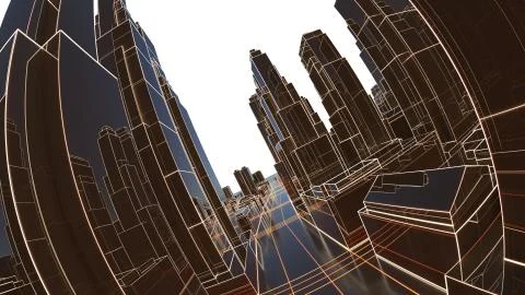 Abstract 3D city with luminous lines and black mirror buildings Ilustración de archivo