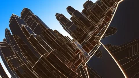 Abstract 3D city with luminous lines and black mirror buildings Ilustración de archivo