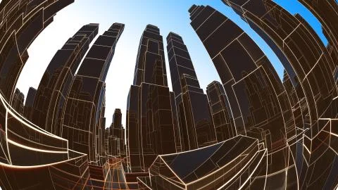 Abstract 3D city with luminous lines and black mirror buildings Ilustración de archivo