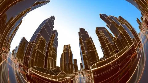 Abstract 3D city with luminous lines and black mirror buildings Ilustración de archivo
