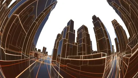 Abstract 3D city with luminous lines and black mirror buildings Ilustración de archivo