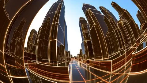 Abstract 3D city with luminous lines and black mirror buildings Ilustración de archivo